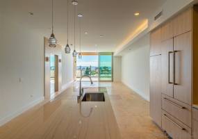 Kitchen view to Great Room and Oversized Private Terrace